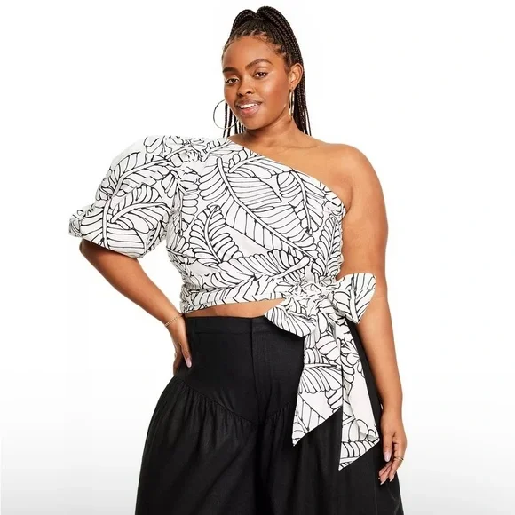 Sketch Palm Leaf Print Wrap Tie One Shoulder Top - Picture 2 of 16